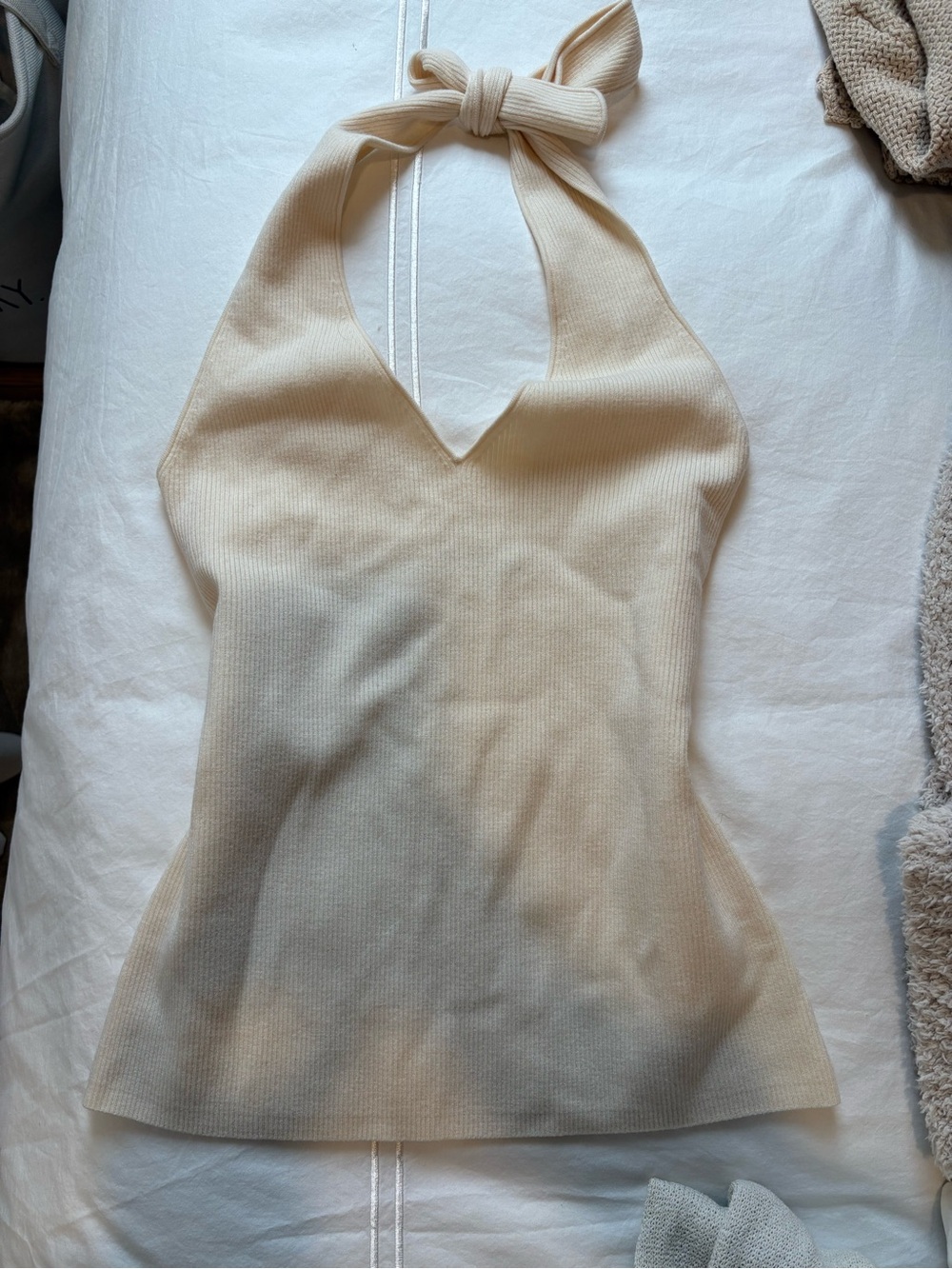Elizabeth and James Cream Ribbed Halter Tie-Neck Top